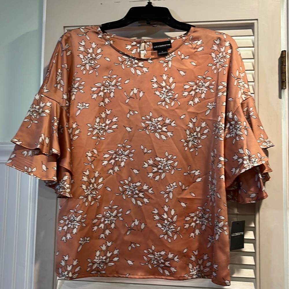 NWT Liz Claiborne Pink Floral Double Ruffle Blouse